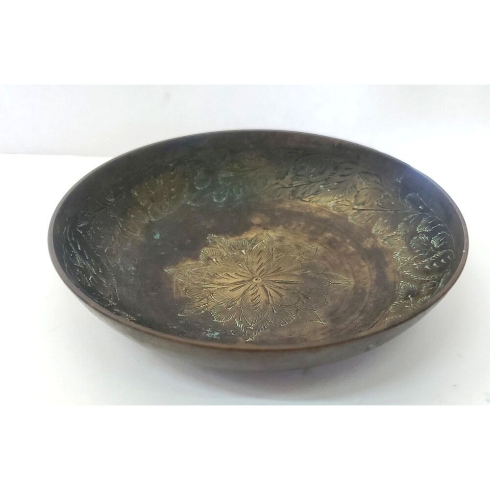 Vintage Hand Etched Brass Bowl India Ornate Floral Trinket Dish Coin Catchall